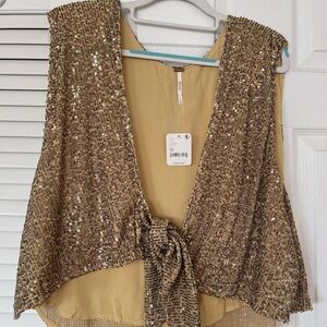 Free People Gold Sequin Tie-Front Blouse